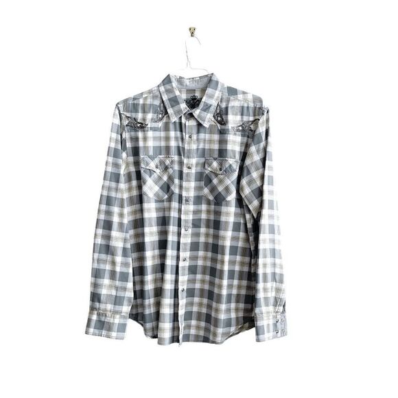 Guess Mens Plaid Embroidered Pearl Snap Button Up Western Shirt Gray Large - Picture 1 of 9